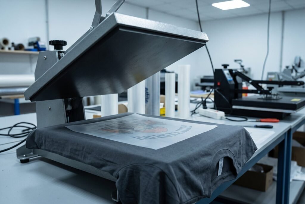 RYVAN Inc DTF heat transfer press applying a printed transfer to a garment