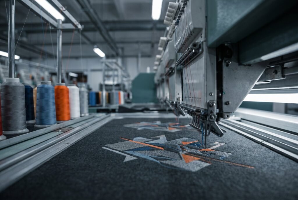 Industrial multi-head embroidery machine stitching a custom logo onto a dark garment