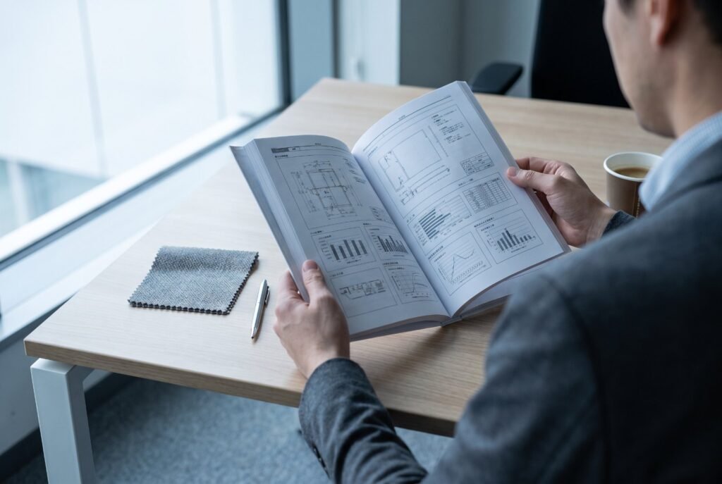 Wholesale buyer reviewing a printed product specification document with technical drawings